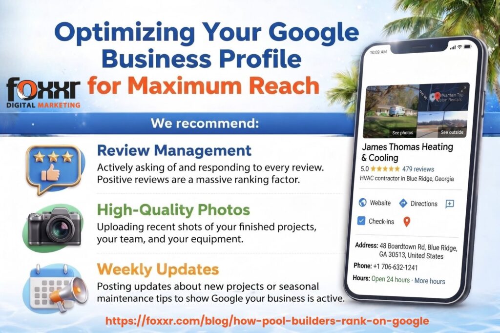 Infographic on optimizing google business profile for pool builders, covering review management, high-quality photos, and weekly updates to increase visibility and local seo rankings.