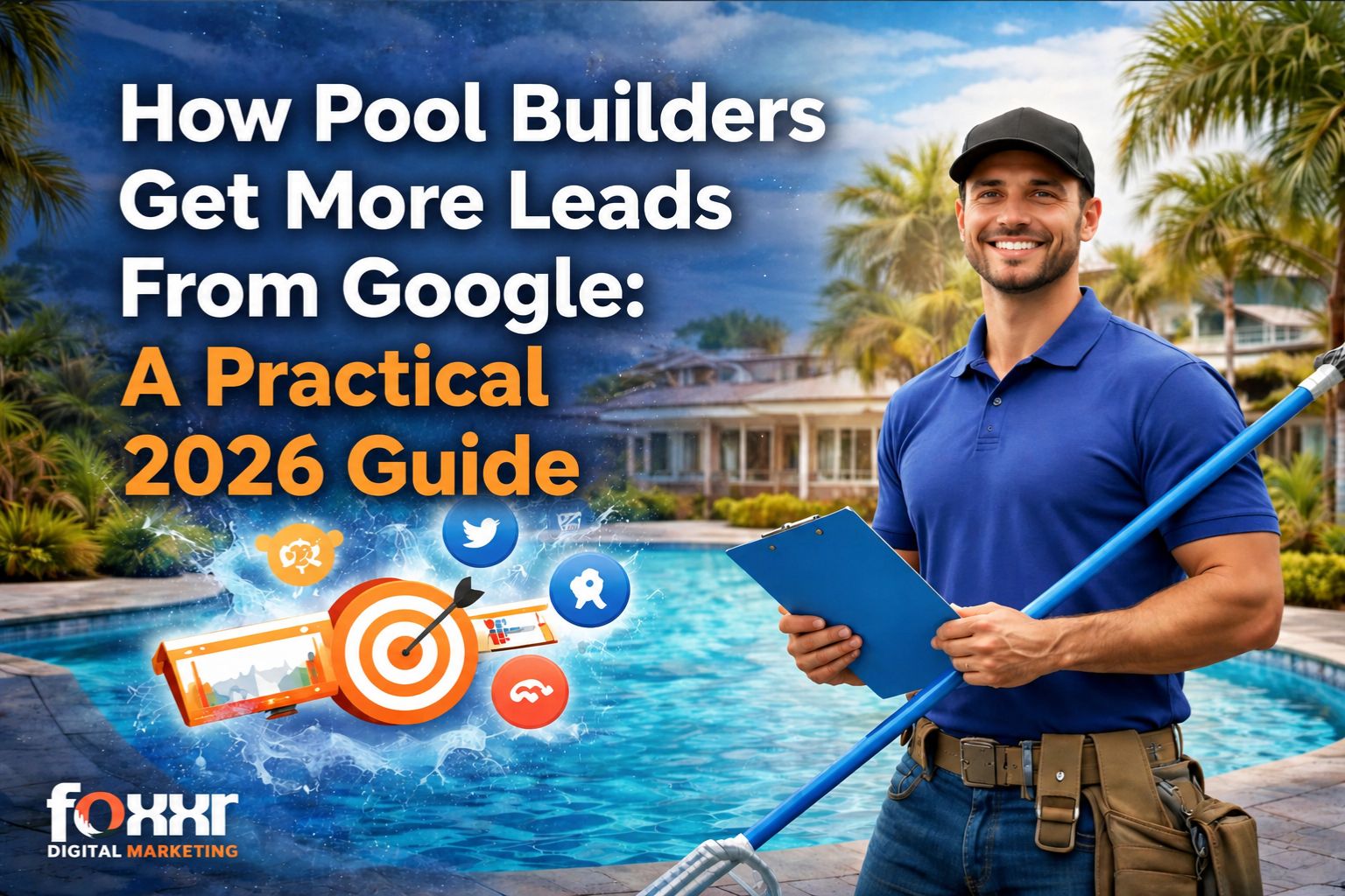 Pool builder seo guide for 2026, featuring a professional pool builder with a clipboard standing by a pool, surrounded by social media and target icons, representing lead generation strategies to attract more customers via google