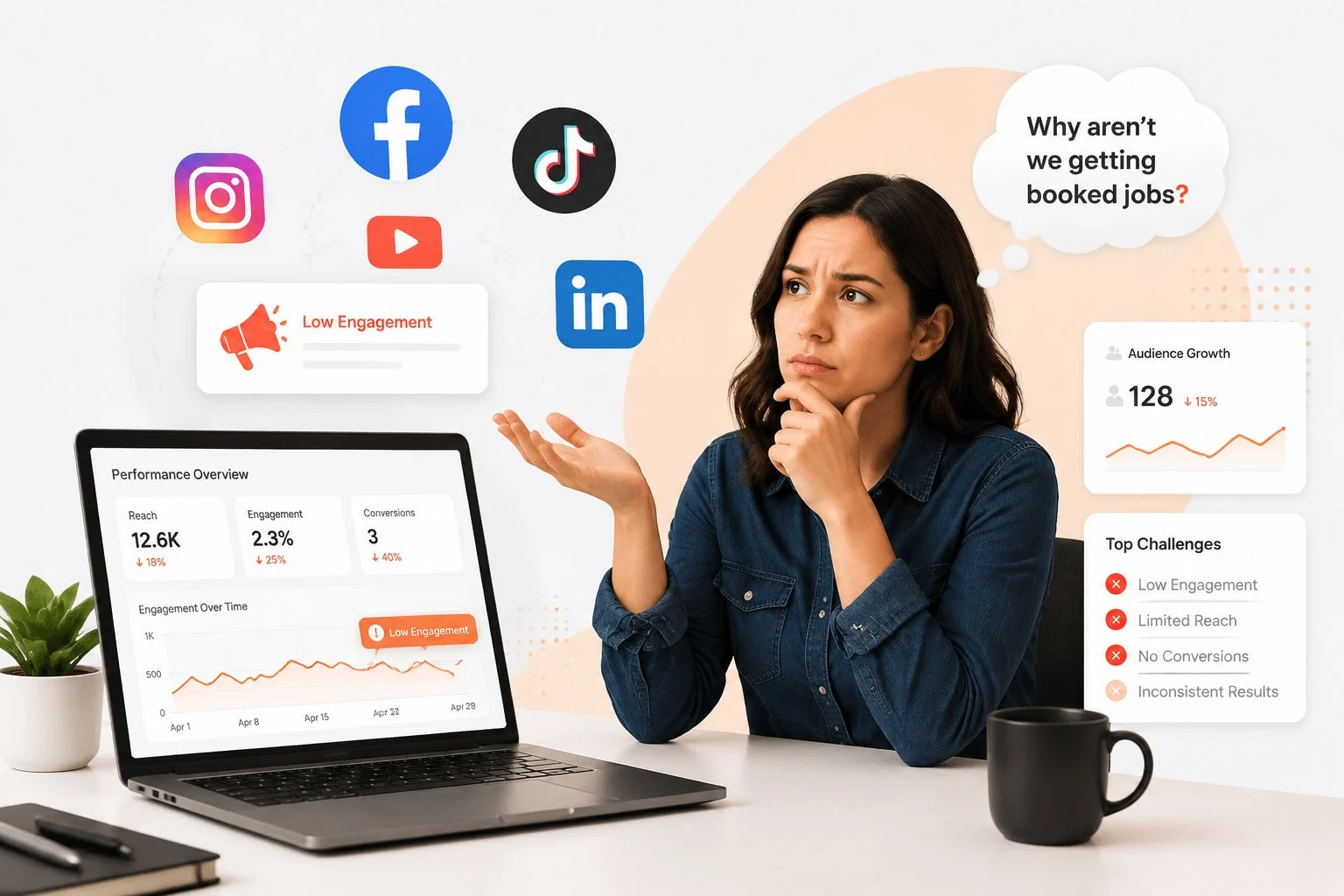 Home service contractor analyzing social media marketing performance on a laptop, showing engagement, leads, and analytics, illustrating strategies to convert social media efforts into booked jobs.