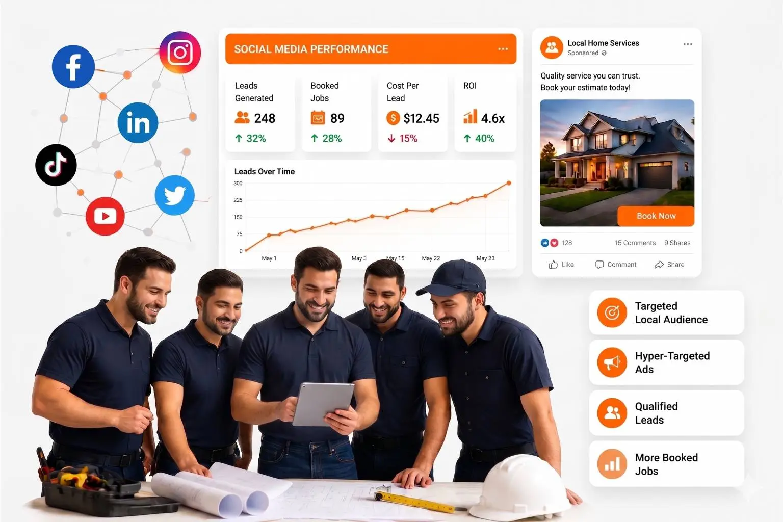 Infographic showing social media marketing network for home service contractors with connected platform icons and analytics on a light gray background