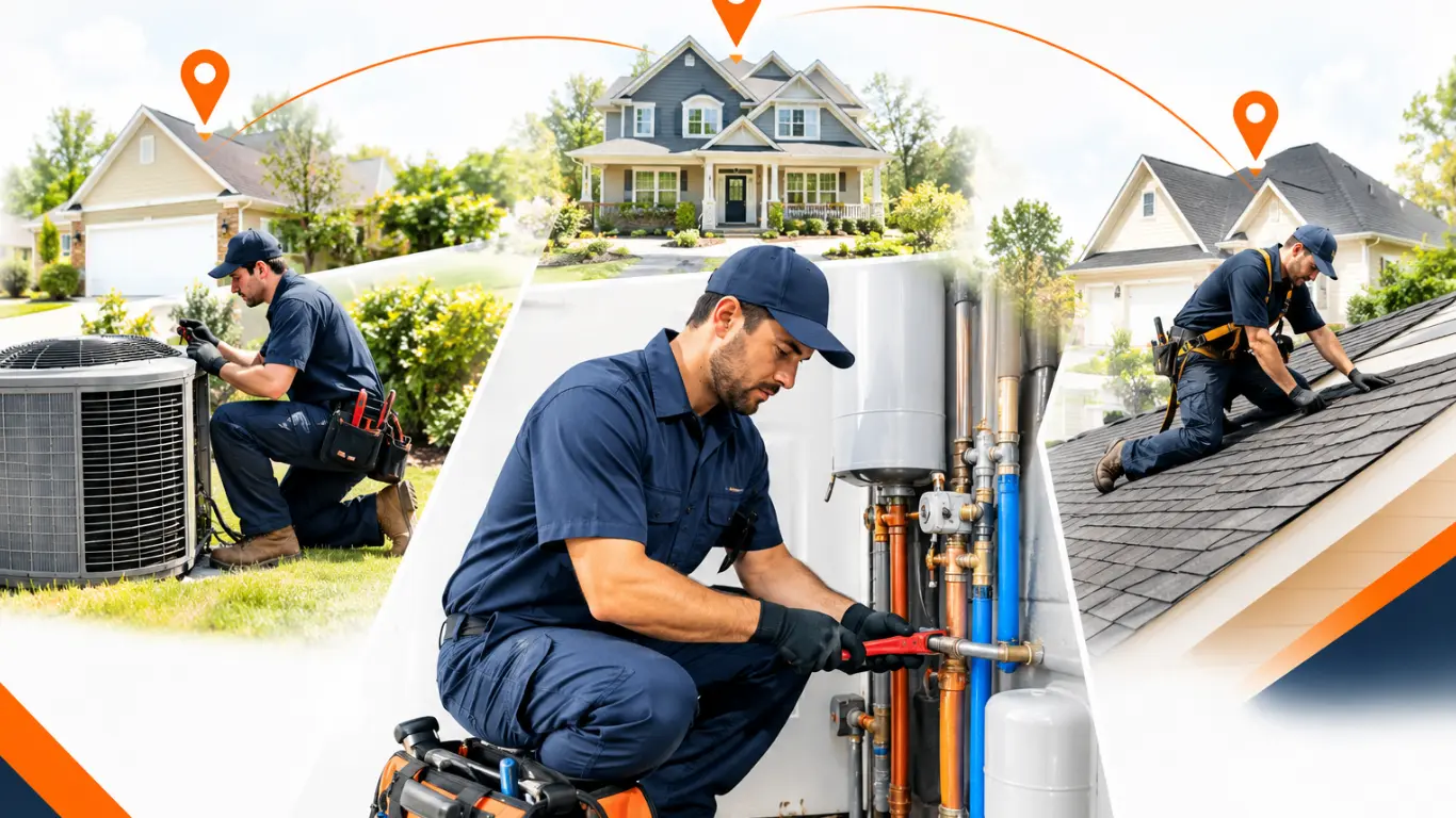 Montage of local home service contractors including an hvac technician, plumber, and roofer with location map pins over residential homes.