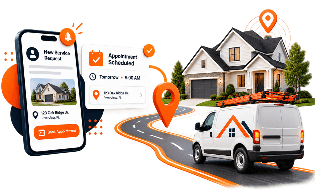Graphic illustrating local seo lead generation, showing a smartphone booking notification connected to a service van navigating to a customer home.