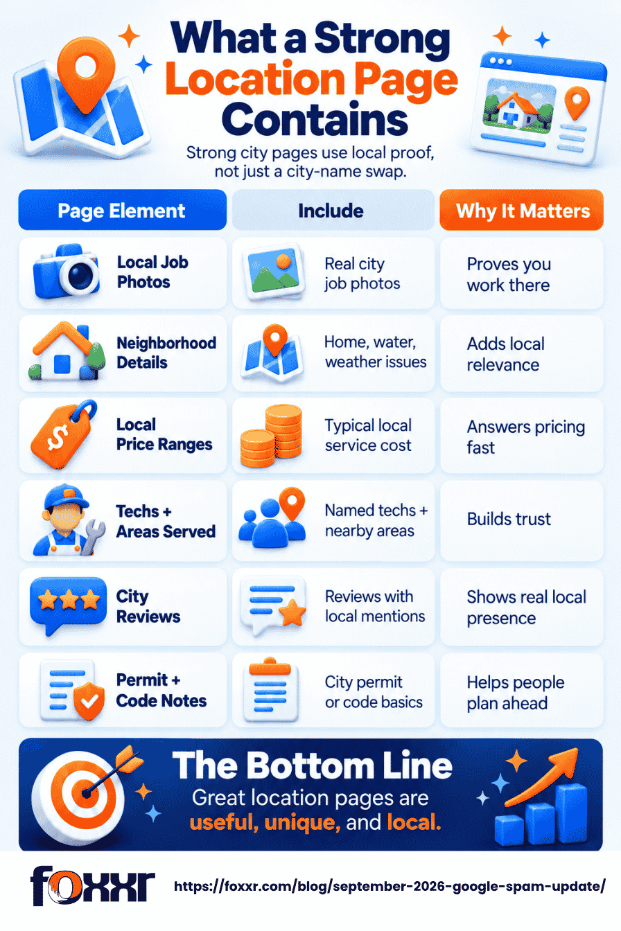 Infographic on strong location page elements and why they matter