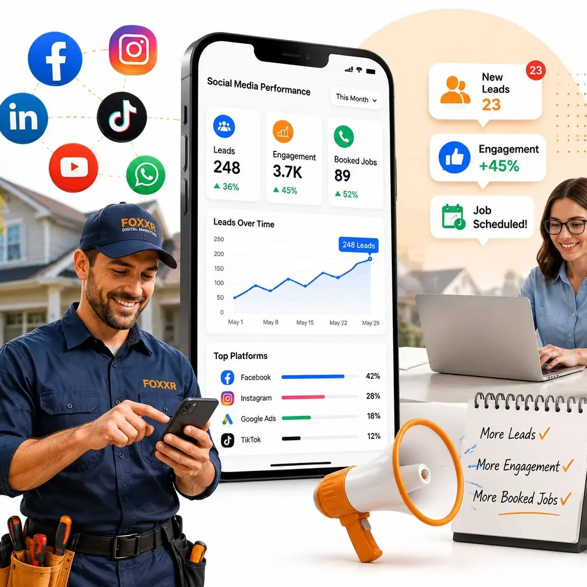 Realistic digital illustration showing home service contractors using social media marketing on mobile devices with social icons, calendar, megaphone, and analytics charts, representing social media marketing services for hvac, plumbing, electrical, roofing, and remodeling businesses.